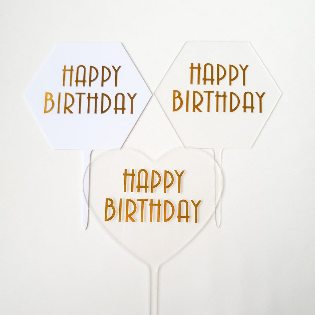 Happy birthday Cake toppers in Transparent hexagon, Transparent Heart and White hexagon