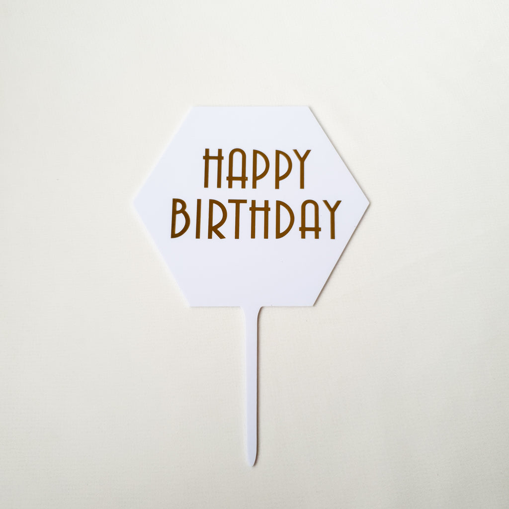 White Hexagon shaped Happy Birthday Cake Topper