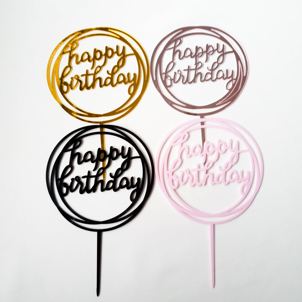 Acrylic Happy Birthday Toppers in Gold, Rose Gold, Black, Pink and Iridesccent